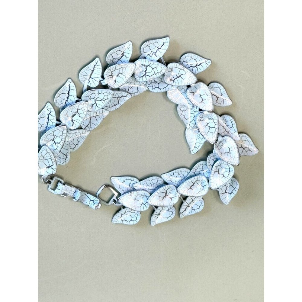 Vintage 1950's Blue and Silver Veined Enameled Articulated Leaf Bracele 7" - Picture 5 of 5